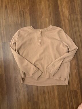 Women's Long Sleeve Waffle Knit Henley Sweater - Beige